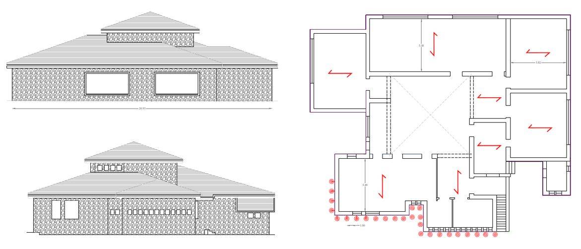 Disegni tecnici dell’edificio scolastico: prospetti e planimetria con indicazione delle pareti rinforzate