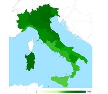 Percentuale di raccolta differenziata nelle Regioni italiane