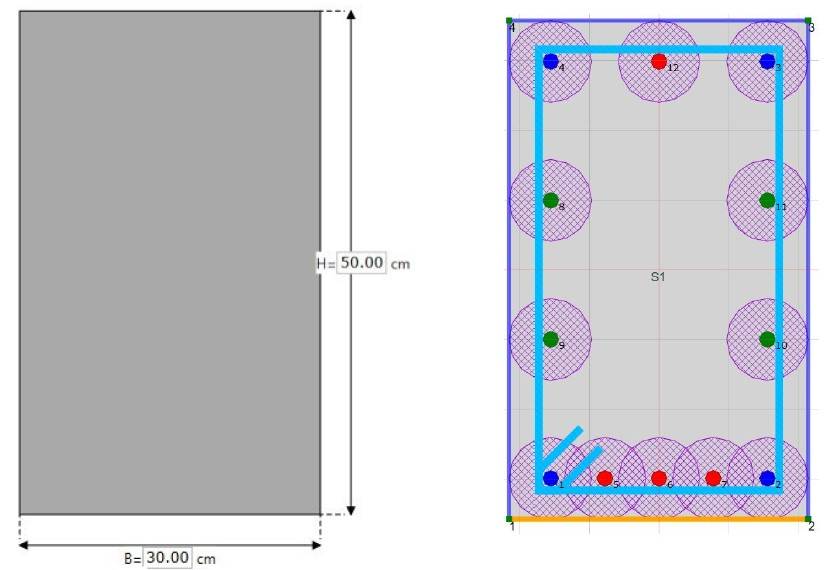 Figura 1 a sinistra: Geometria sezione; Figura 2 a destra: Armatura con degrado alla base (Degrado Next – Stacec Srl)