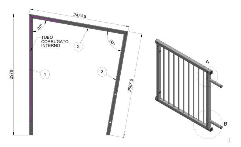 Disegno tecnico di portale e parapetto in PRFV per il Ponte Giovanni XXIII a Rieti con profili pultrusi e dettagli dimensionali.