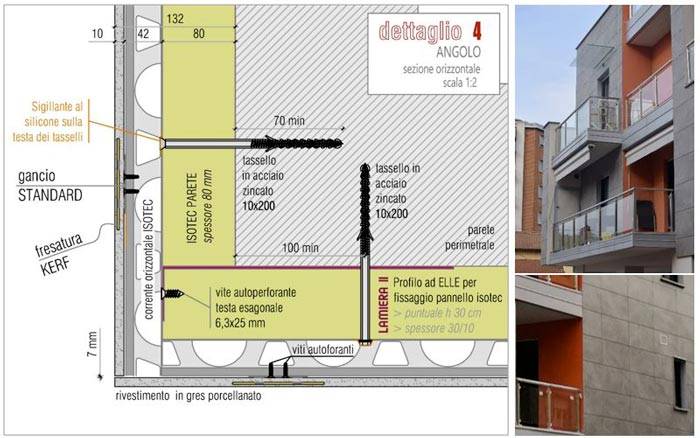 Raccordo in corrispondenza dell’angolo della facciata fra il sistema ventilato ISOTEC PARETE con rivestimento in ceramica e isolamento non ventilato ISOTEC LINEA