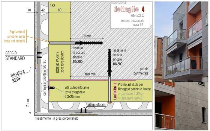 Raccordo in corrispondenza dell’angolo della facciata fra il sistema ventilato ISOTEC PARETE con rivestimento in ceramica e isolamento non ventilato ISOTEC LINEA 