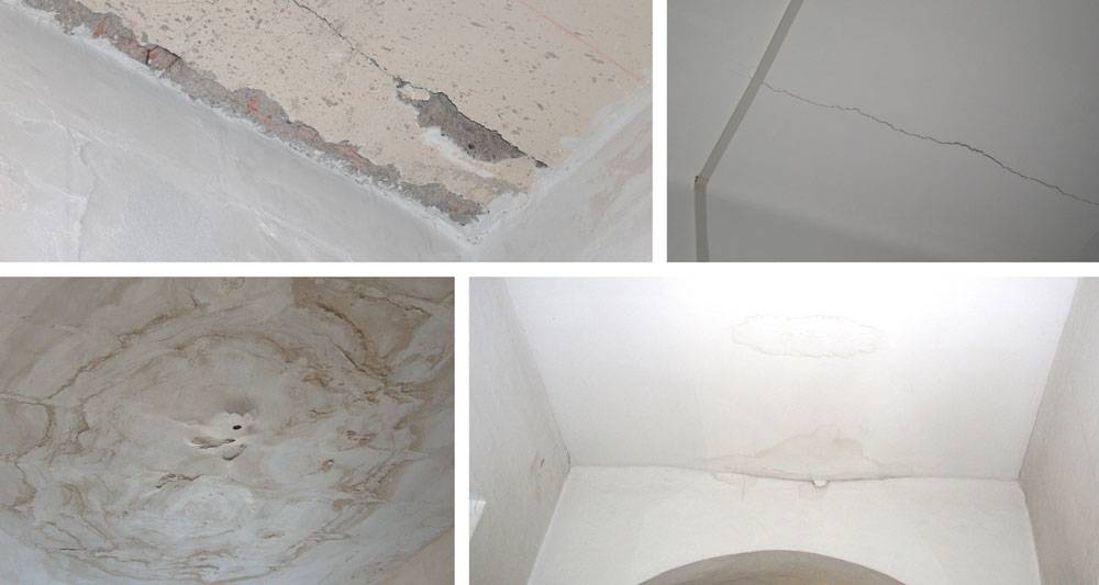 Segnali di degrado che anticipano lo sfondellamento di solai in laterocemento: crepe, infiltrazioni, rigonfiamenti e distacchi dell’intonaco.