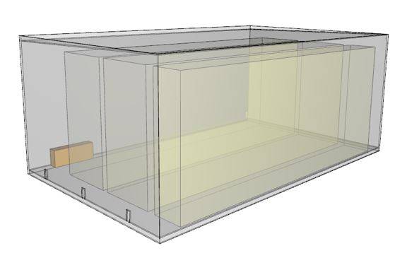 Vista prospettica del modello 3D realizzato in FDS per la simulazione degli scenari di incendio.