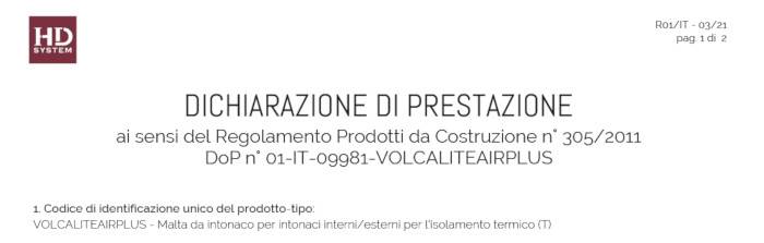 Dichiarazione DoP Volcalite Airplus - Gruppo Miniera San Romedio