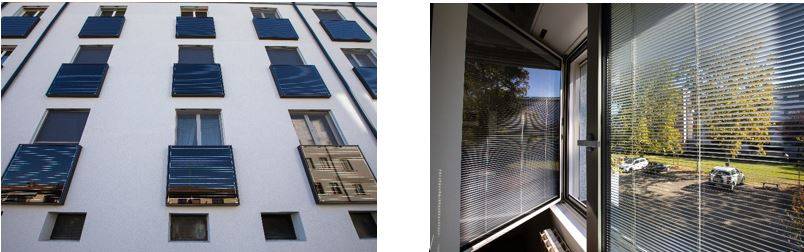Figura 1 e 2: Blocco finestra che integra moduli fotovoltaici verticali in facciata e sistemi di ombreggiatura automatica adattiva. Edificio caso studio del progetto EnergyMatching a Campi Besenzio (FI). Credits: Eurac Research