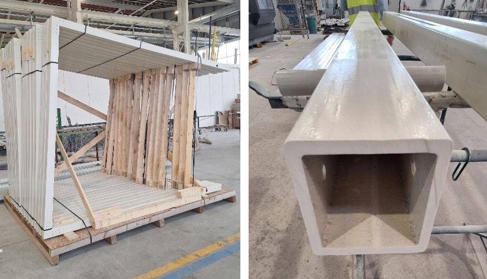 Preassemblaggio dei portali in PRFV e dettaglio del profilo tubolare pultruso per la riqualificazione del Ponte Giovanni XXIII a Rieti.