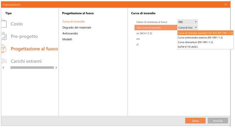 Impostazioni per la Progettazione al fuoco