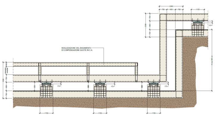 Sezione della piastra isolata sismicamente e della sottostruttura.