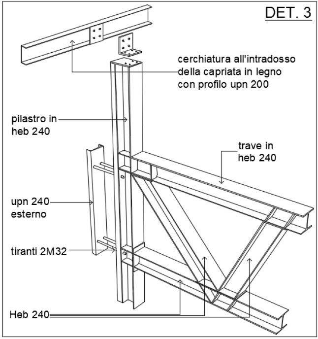 Assonometria nodo di collegamento del telaio controventante a livello del secondo solaio.