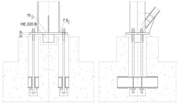 Fig. 3 - Collegamento alla base con tirafondi e traversa di constrasto