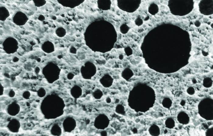 Micro-bolle (100-300 μm) d’aria disperse nella pasta di cemento che avvolge gli inerti