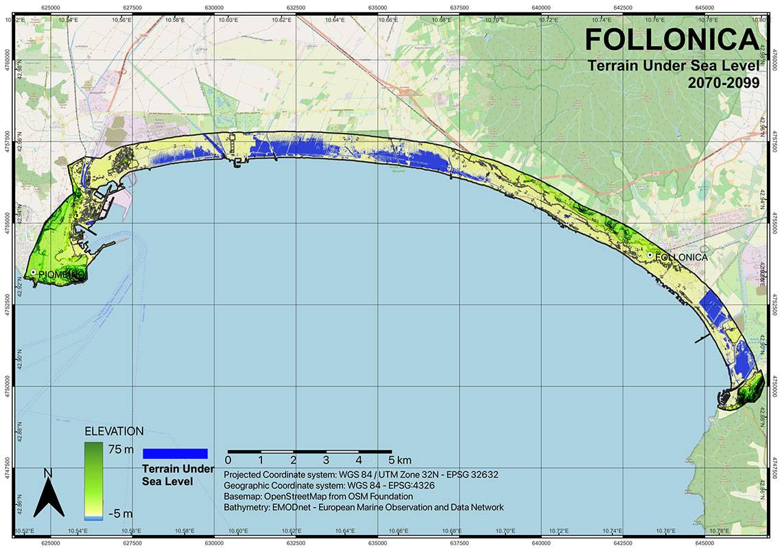 Figura 1. Mappa preliminare di inondazione di Follonica-Piombino per il periodo 2070-99
