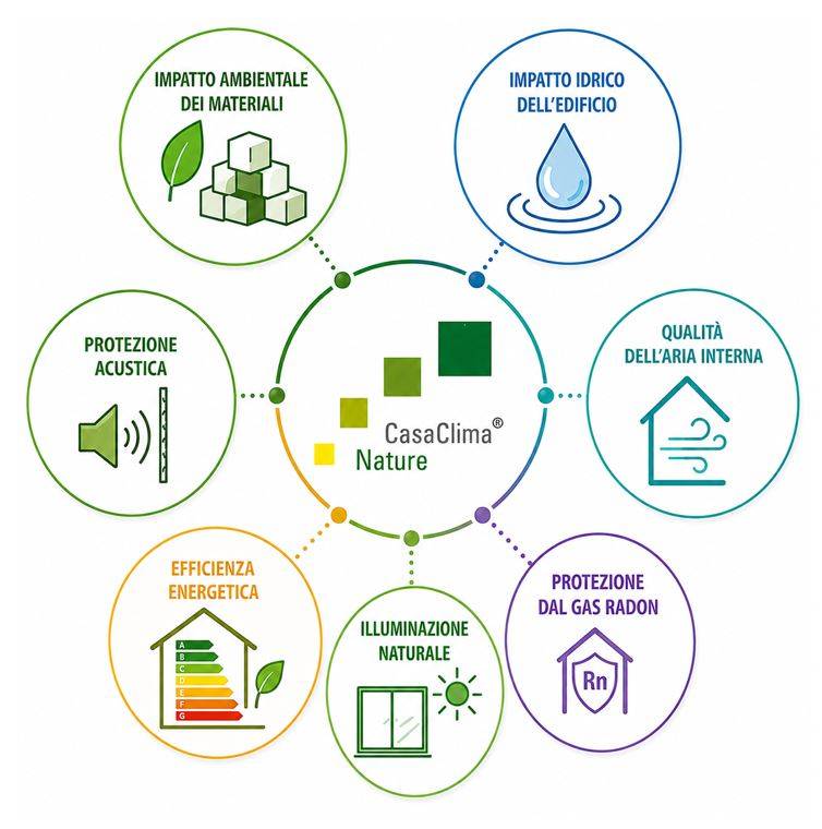 Infografica sui Criteri di sostenibilità esaminati dal protocollo CasaClima Nature