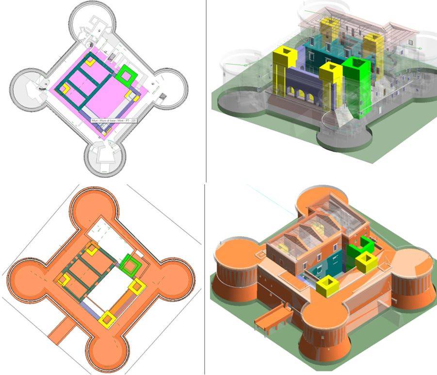 Modello BIM della Rocca di Senigallia con visualizzazione tridimensionale e piante architettoniche, utilizzato per l'analisi e la gestione del patrimonio storico in ambito HBIM.