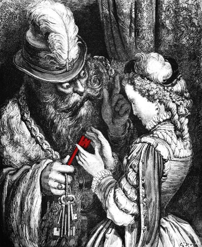 Barbablù e il famoso mazzo di chiavi delle porte del castello illustrato da Gustave Doré per le fiabe di Charles Perrault. Il rosso sulla chiave è il mio.