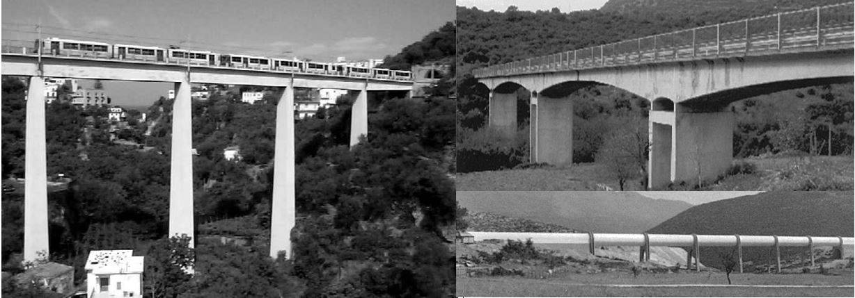 Figure 2, 3, 4 – Il viadotto di Seiano (sinistra), il ponte sul fiume Flumendosa (in alto a destra) e il ponte tubo sulla via Casalina (in basso a destra).