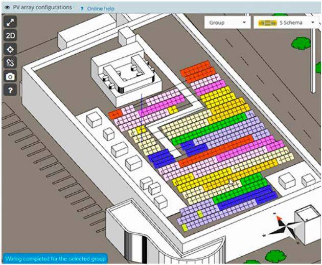 Rappresentazione 3D dell’impianto con i pannelli collegati in stringhe