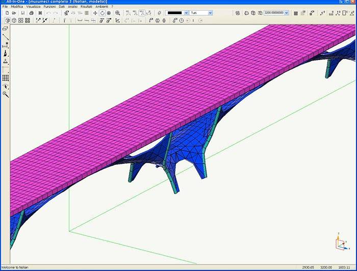La mesh ad elementi finiti del ponte sul Basento realizzata con il programma Nòlian della Softing