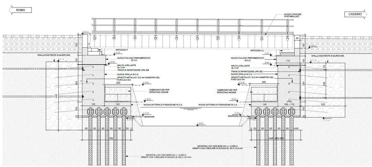 Sezione di progetto della nuova spalla in calcestruzzo armato su micropali per ponte ferroviario.