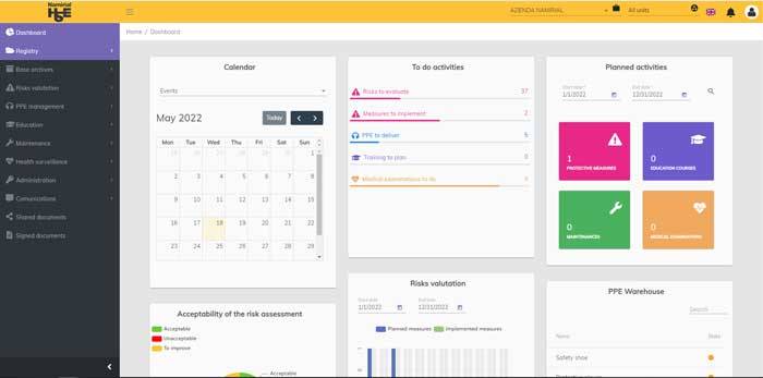 Interfaccia software NAMIRIAL HSE con KPI sulla sicurezza, attività da svolgere e pianificazione misure protettive e formative.