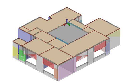 Modello tridimensionale della scuola in muratura con indicazione delle pareti e dei solai nel software di calcolo strutturale.