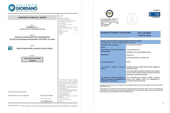 Due documenti tecnici affiancati. A sinistra, un rapporto di prova dell'Istituto Giordano, che certifica la resistenza statica del sistema