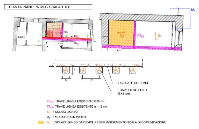 Pianta del primo piano e sezione del solaio in legno.