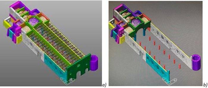 a) Il modello ad elementi finiti dell’intero impianto strutturale della Basilica prima del crollo, b) in evidenza le piliere (in blu) che sorreggono la quinta trasversale del transetto