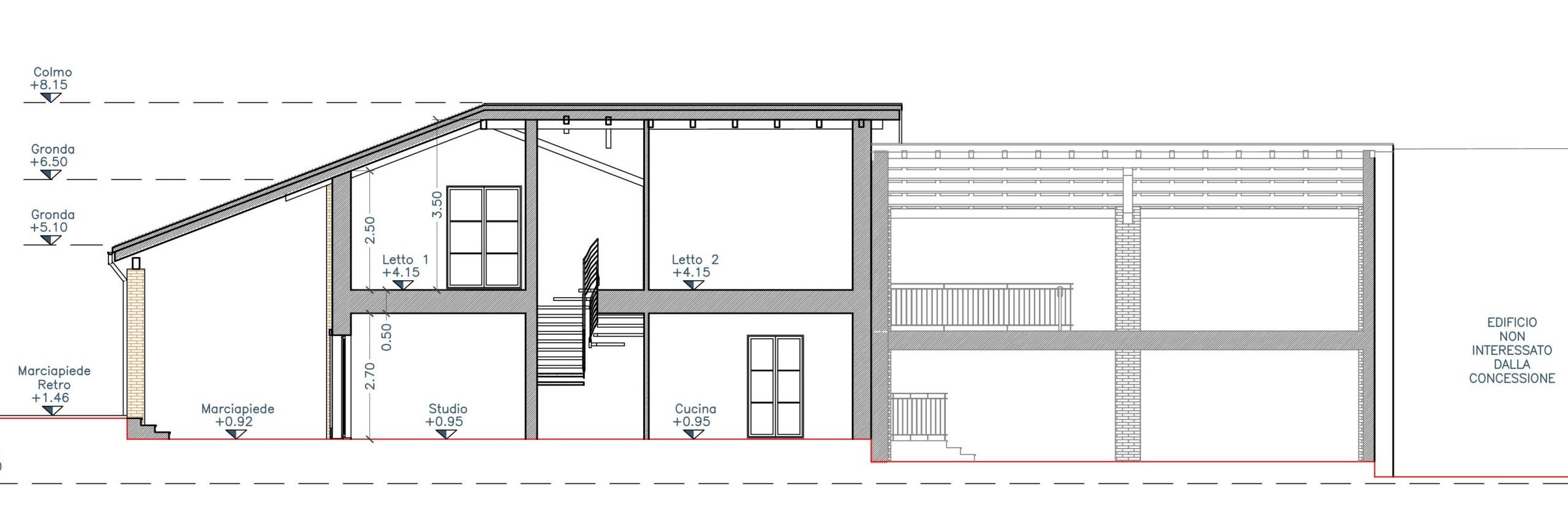 Figura 3 – Piante piano terra e piano primo e sezione longitudinale architettonica, villa sulle alture dell’oltrepo’ pavese, 2016, © Studio Metamorphosys, Arch. P. Battegazzore.