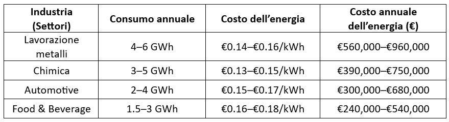 Costo annuale dell’energia elettrica per settore industriale