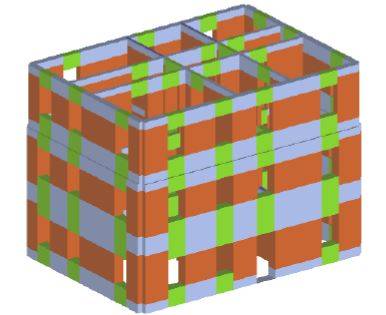 Vista 3D del modello base con evidenziati i maschi (in rosso), le fasce (in verde) e i nodi rigidi (in grigio)