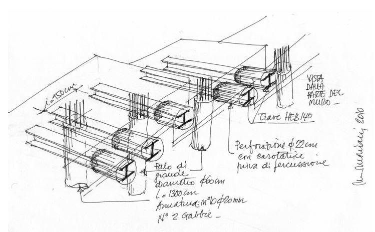 Fig. 3 - Ideazione dell’intervento di consolidamento fondale con pali di grande diametro. Inserimento dei profilati di acciaio nelle murature portanti (disegno dell’Autore)