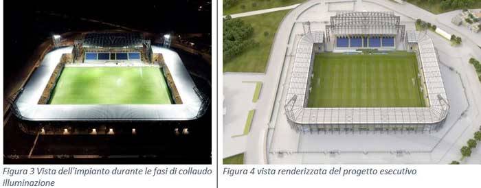 stadio Benito Stirpe: vista dell'impianto durante le fasi di collaudo illuminazione e rendering