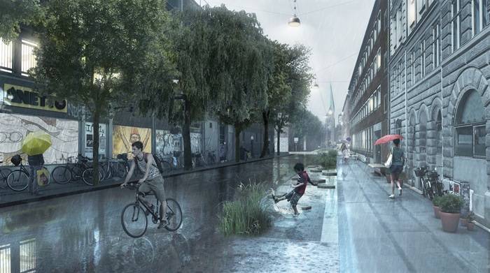 Il viale Korsgade nelle giornate di pioggia e di bel tempo (render, SLA Architects)