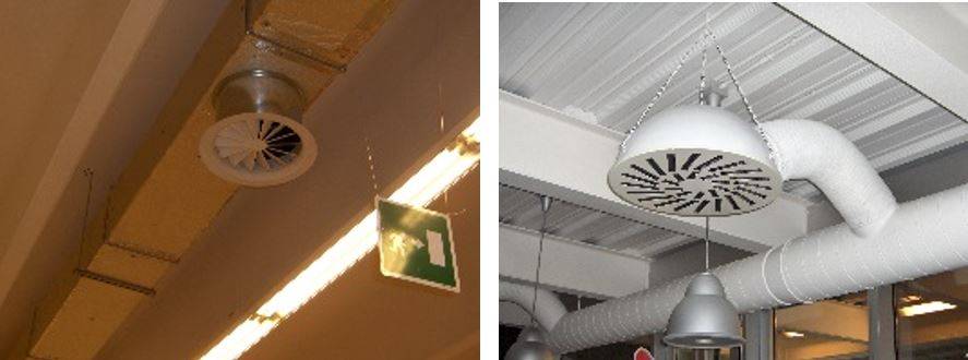 Tipica installazione dei diffusori d'aria a soffitto, con lancio in “campo libero”
