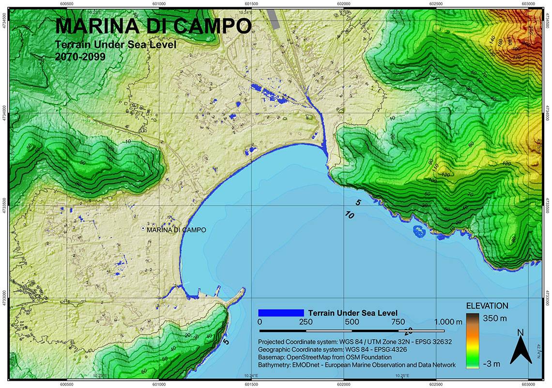 Figura 2. Mappa preliminare di inondazione di Marina di Campo per il periodo 2070-99