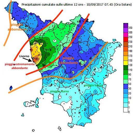 Precipitazioni cumulate tra la sera del 9 e le prime ore del 10 settembre in Toscana