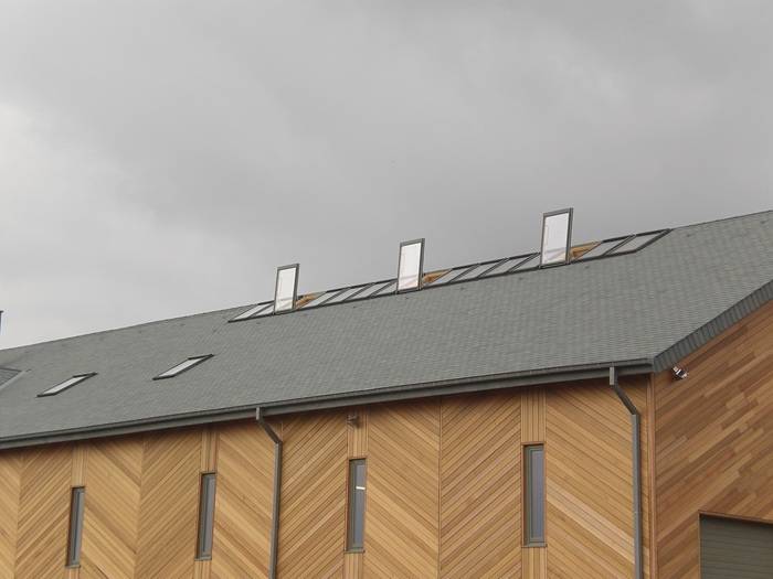 Copertura di un edificio con tetto inclinato in ardesia e più lucernari installati in fila per l’illuminazione naturale.