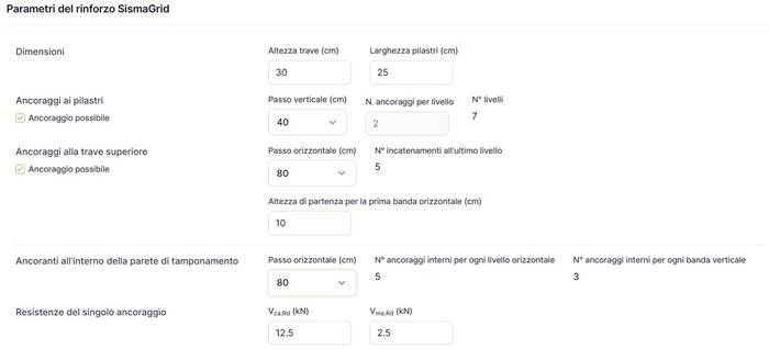 Esempio di definizione dei parametri del rinforzo all'interno di un calcolo di antiribaltamento di una tamponatura