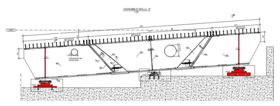 Disegno tecnico del diaframma di spalla del ponte misto sul Tevere, con appoggi strutturali, schema eccentrico del cassone e sistema di vincolamento dell’impalcato.