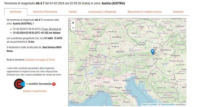 Terremoto Austria 1 febbraio 2024