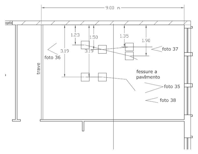 Quadro fessurativo a pavimento del solaio avente luce 9 m riscontrato all’estradosso, ovvero sulla pavimentazione del piano soprastante.