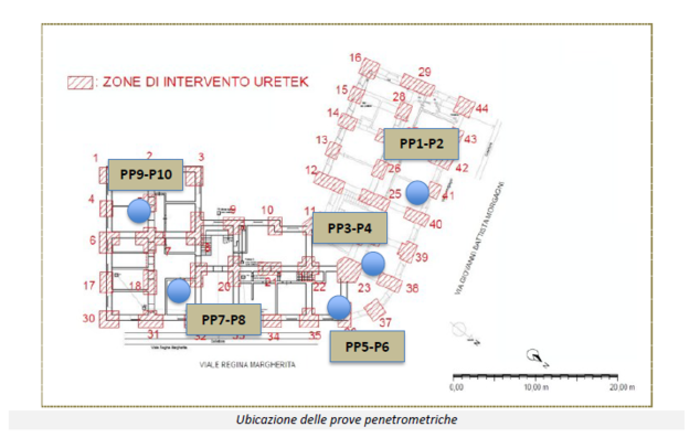 Ubicazione delle prove penetrometriche. Zone di intervento Uretek.