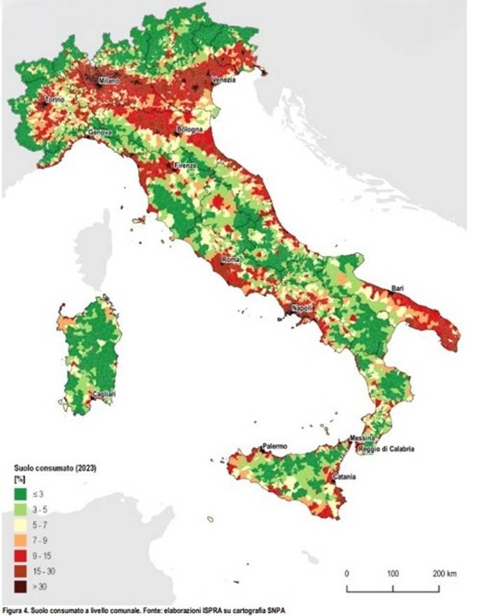 Suolo consumato a livello comunale secondo elaborazione Ispra su cartografia SMPA