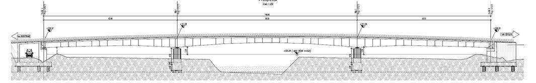 Prospetto longitudinale del nuovo ponte sul Tevere a Sansepolcro con tre campate da 43, 58 e 43 metri, impalcato misto acciaio-calcestruzzo e pile snelle in alveo golenale.