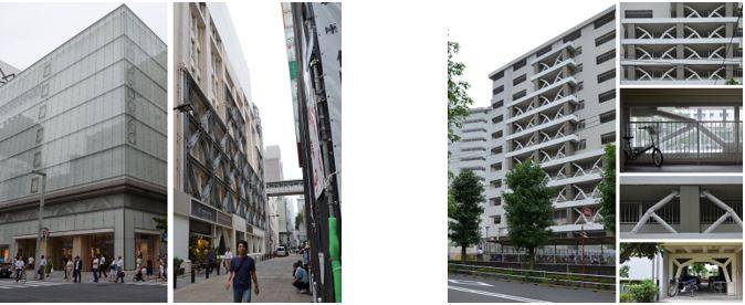 Figura 2 – Tokyo. Centro commerciale, 1952; esoscheletro, 2006. Plesso residenziale, 1972; esoscheletro, 2009.