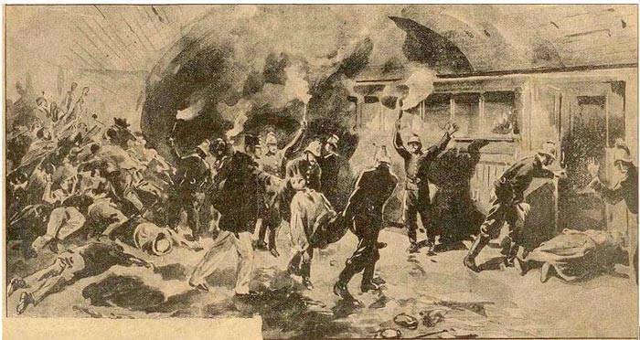 Rappresentazione dell’incidente ferroviario avvenuto presso la stazione di Couronnes della metropolitana di Parigi il 10 agosto 1903 