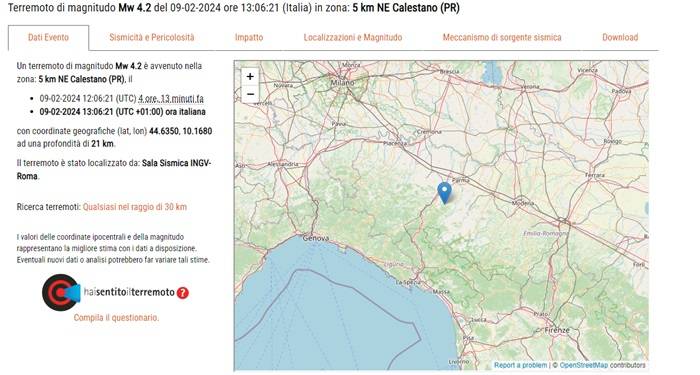 Il sito INGV riporta il sisma che ha colpito la provincia di Parma il 9 febbraio 2024