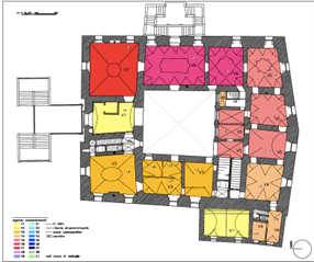 Pianta del piano primo della Rocca con mappatura degli orizzontamenti nel 2008